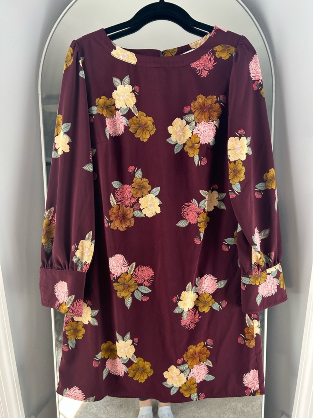 LOFT Burgundy Floral Long-Sleeve Shift Dress
